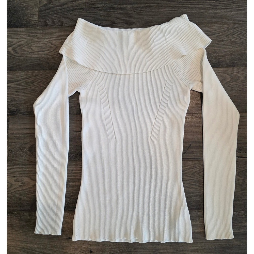 Women's sz S Michael Kors White Ribbed Off-the-Shoulder Knit Top Long Sleeve